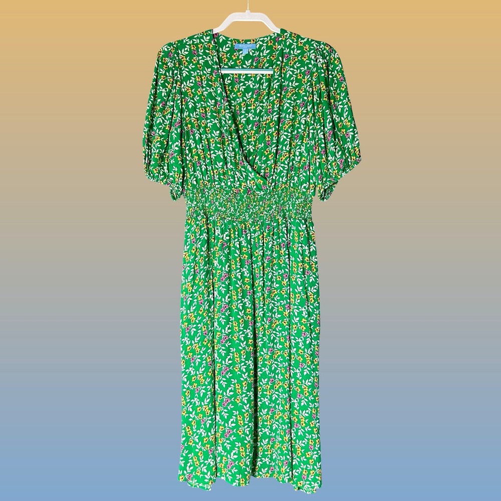 Draper James RSVP Dress Womens Large Green Floral Smocked Waist Midi Excellent